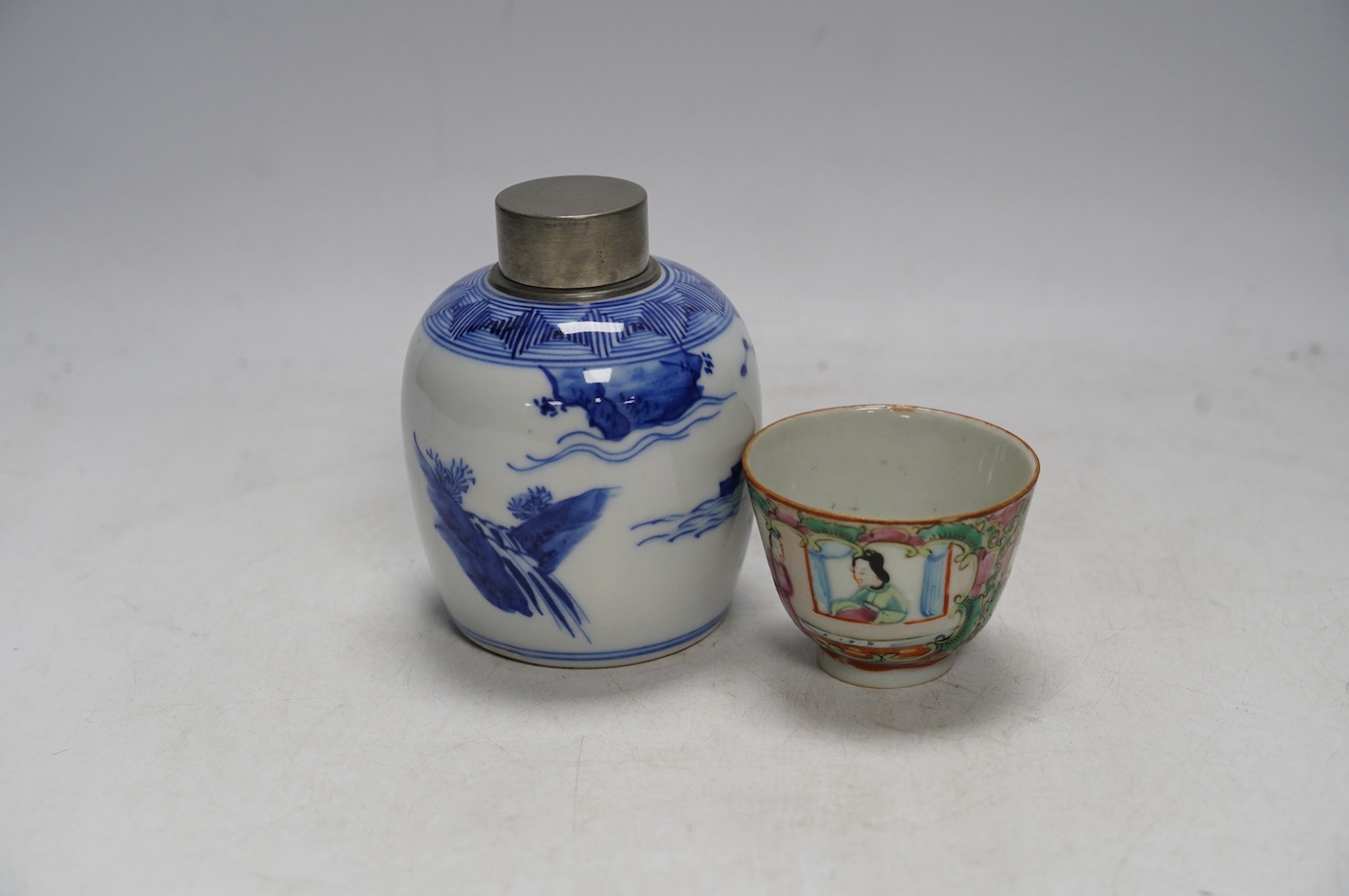 A pewter topped Chinese blue and white tea caddy together with a famille rose teabowl. Condition - good